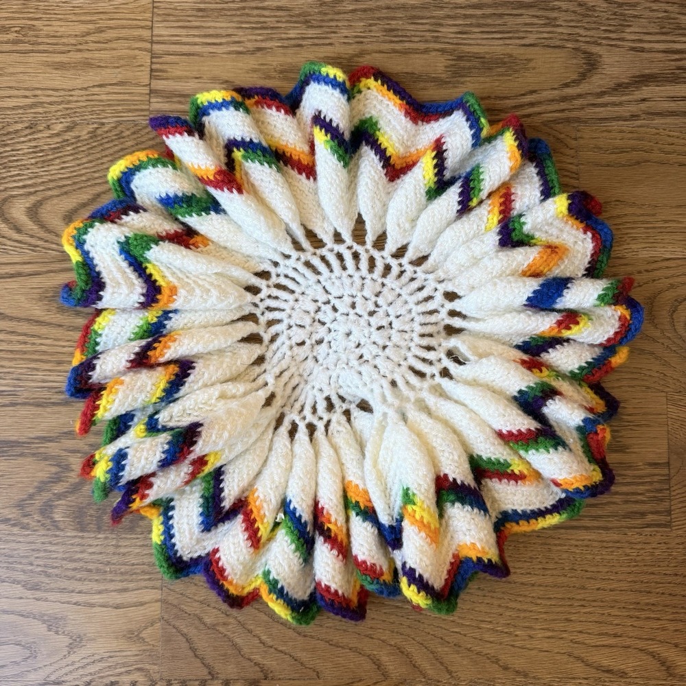 Vintage, Hand Crocheted, Ruffled Doily, White & Multicolor 16" Diameter